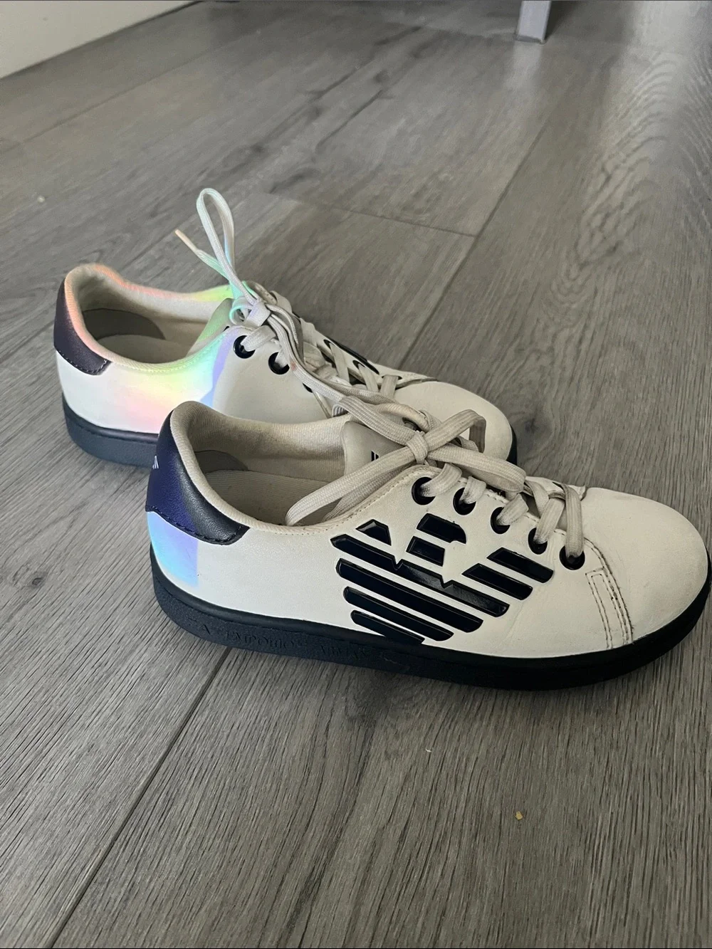 Boys Emporia Armani White and Navy Blue Kids Sneakers